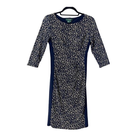 Lauren Ralph Lauren 3/4 Sleeve Animal Print Side Gathering Sheath Dress Size 2 - Picture 1 of 7